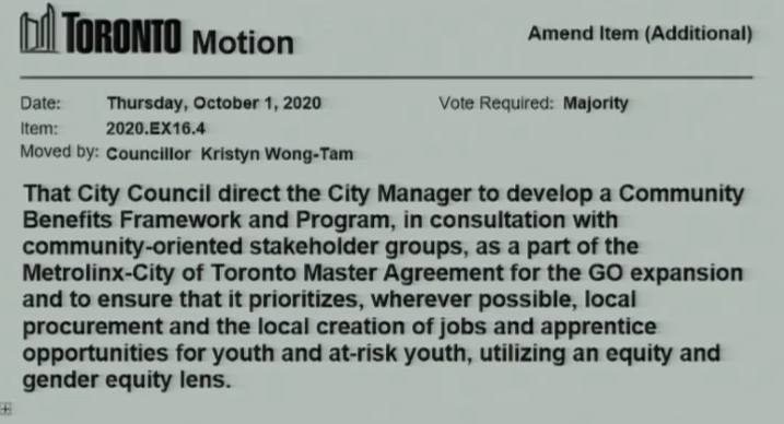 Back on the Metrolinx item, Councillor Wong-Tam moves to develop community benefit agreements for the GO Transit expansion project.