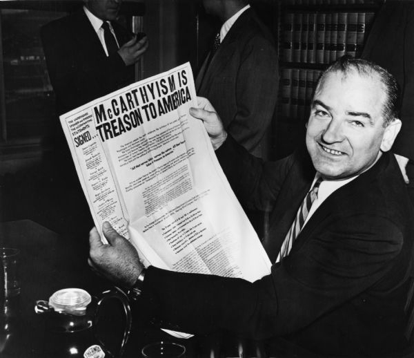 McCarthy spearheaded the effort to route out communists for treason. In addition to the famous Red Scare, he also persecuted many LGBTQ+ ppl in the Lavender Scare. This was ended via the Supreme Court under Earl Warren. There are stylistic similarities between McCarthy & Trump.