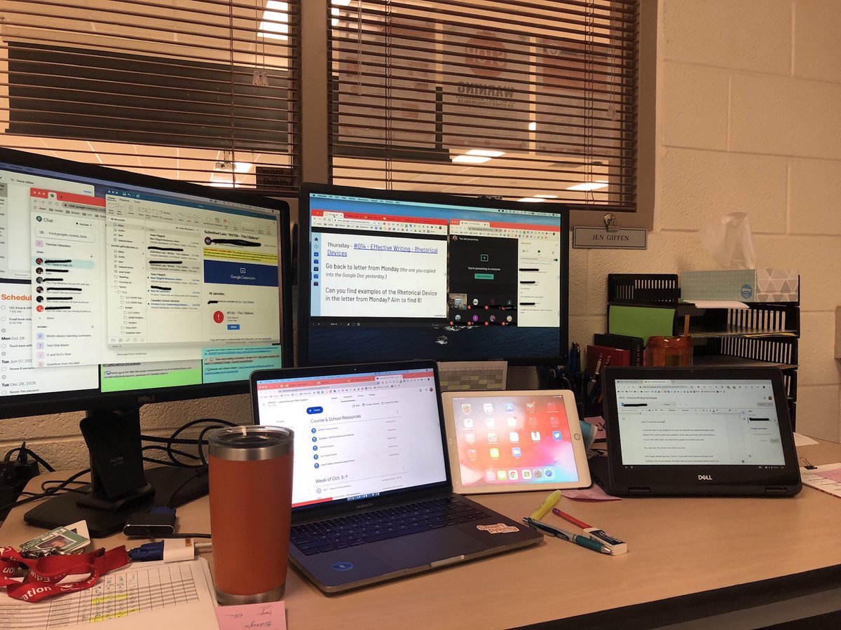 VirtualGiff's tweet photo. This is literally how I taught my online classes today. #onlineteaching #hybridteaching #somanyscreens https://t.co/ctKNV2lE0y