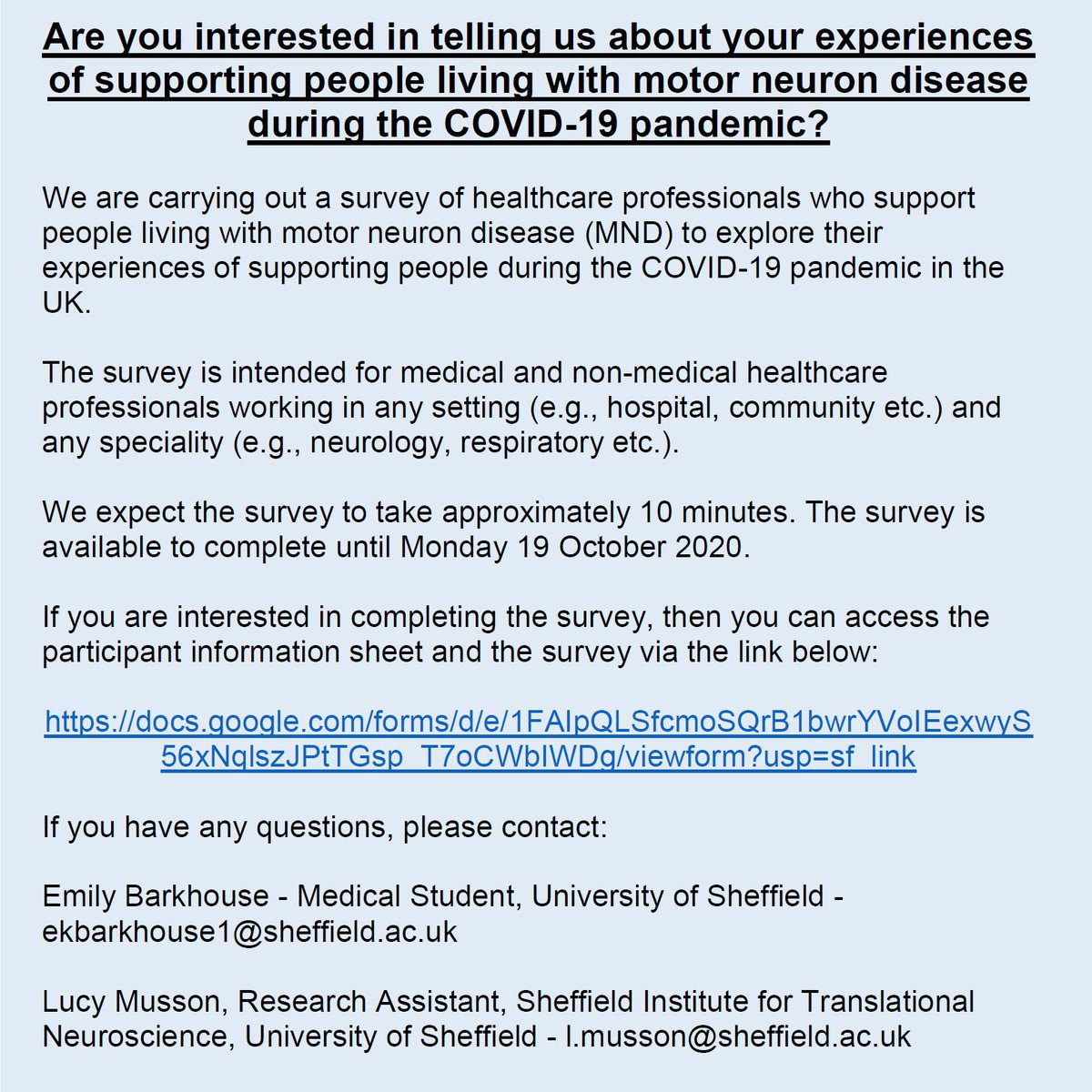 Better NIV for MND (@niv_4_mnd) on Twitter photo We are exploring the experiences of healthcare professionals supporting people living with #MND during the #COVID19 pandemic in the UK. We would like hear from you. To complete our online survey please go to:
docs.google.com/forms/d/e/1FAI⦠<a href="/mndassoc/">MND Association</a> <a href="/pro_sec3/">ProSec3</a> <a href="/PostGasMND/">PostGas</a> <a href="/neuroshef/">Neuroscience Institute</a> We are exploring the experiences of healthcare professionals supporting people living with #MND during the #COVID19 pandemic in the UK. We would like hear from you. To complete our online survey please go to:
docs.google.com/forms/d/e/1FAI⦠<a href="/mndassoc/">MND Association</a> <a href="/pro_sec3/">ProSec3</a> <a href="/PostGasMND/">PostGas</a> <a href="/neuroshef/">Neuroscience Institute</a>