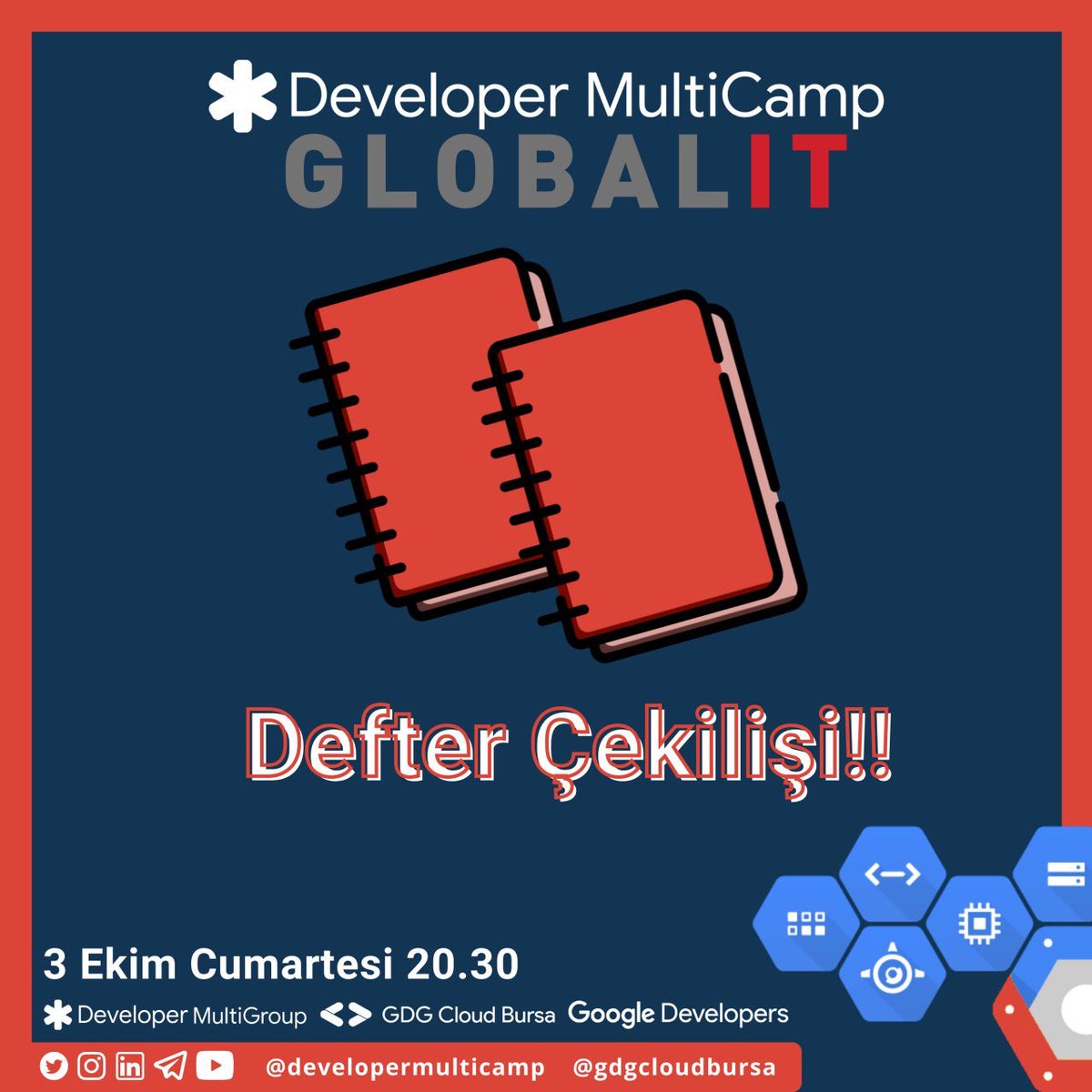 devmultigroup's tweet photo. Global IT sponsorluğundaki bir çekiliş ile karşınızdayız.🤩 
Aranızdan 5 kişiye verilecek 'Google Cloud' ajandası sizi bekliyor 🥳
Çekilişe katılmak için;
■@devmulticamp hesabını takip etmeniz
■Bu tweeti beğenip, rt yapmanız yeterlidir.
Çekiliş 3 Ekim yayın sonunda açıklanacak. https://t.co/0uW1FpDle5