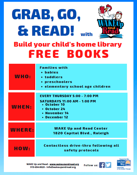 Literacy4Wake's tweet photo. The fall schedule for Grab, Go, and Read at WAKE Up and Read is official! FREE books for families with babies, toddlers, and children in elementary school. Contact free drive through book pick up every Thursday from 5-7pm and select Saturdays 😀. https://t.co/1FOC652gdt