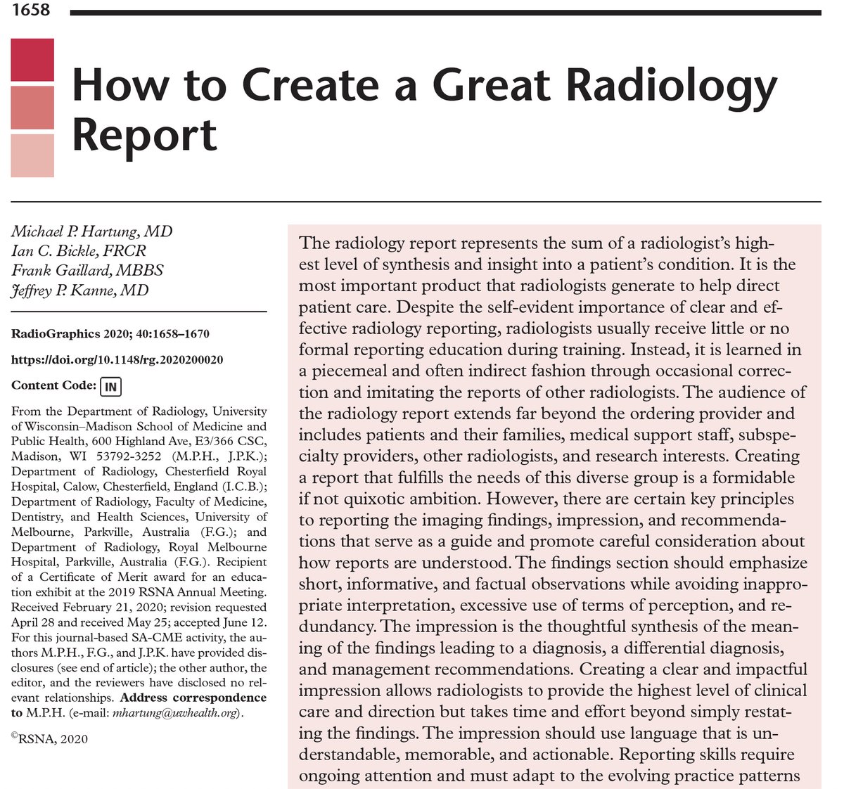 DrMHartung's tweet image. &quot;How to create a great radiology report&quot; is finally on @RadioGraphics!

bit.ly/3cNoyHy

International collaboration with @Radiopaedia&apos;s @frankgaillard and Ian Bickle, and @UWiscRadiology&apos;s @JeffreyKanneMD

Need access? DM I have 50 author copies!
#radres #radiology