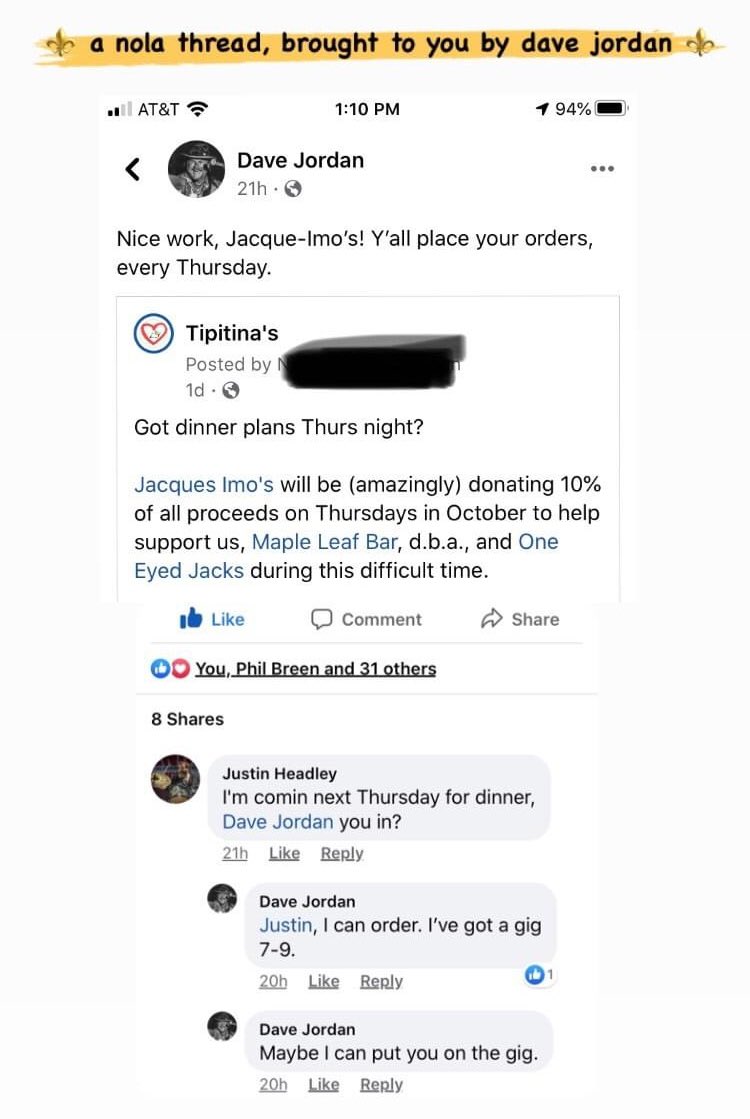 .<a href="/Jacquesimosfood/">Jacques Imos</a> is serving up dishes that support local music venues today!

Grab something goooood for dinner and help keep it NOLA!

@MapleLeafNOLA
<a href="/dbaneworleans/">d.b.a. New Orleans</a>
<a href="/OneEyedJacks/">One Eyed Jacks</a>