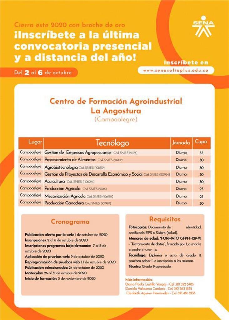 candidoherrera's tweet photo. #EstudiaEnElSENA| Es muy grato presentarles la última oferta educativa del 2020 del Centro de Formación Agroindustrial - #LaAngostura. Programas pertinentes y de alta calidad.  Por favor divulgar. #SENAEsFormación https://t.co/VuszWj1rfU