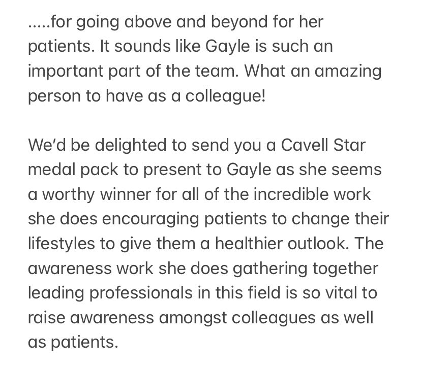 Gaylegerro's tweet photo. Chuffed beyond the words of my twitter allowance to be awarded a Cavell nursing star yesterday. Cavell was an awesome & brave nurse. @CavellTrust #T2diabetesremission #rethinkingdiabetes #groupconsultations #education #leadership. @GPNKAM you are an inspiration https://t.co/gDrrdvaXVc