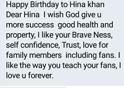  @Dsl86949959 wishes  @eyehinakhan in telugu for good health and success of yours.HAPPY BIRTHDAY HINA KHAN #HappyBirthdayHinaKhan