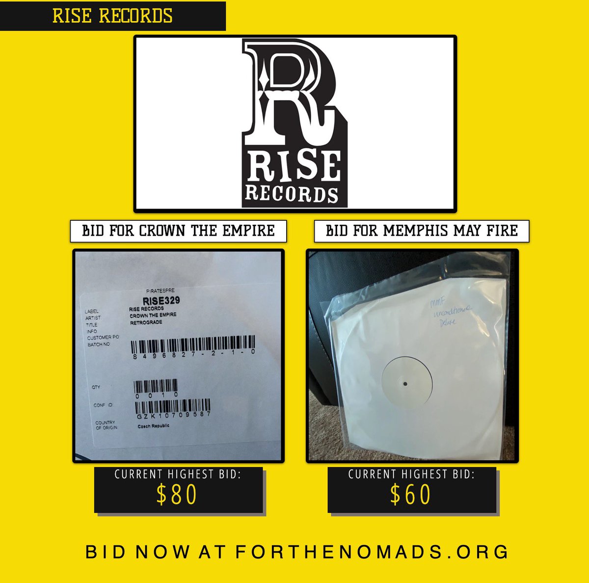 More test presses? Sheesh, so rad! This time from our friends at <a href="/riserecords/">Rise Records</a> 🙏🏻 They’ve graciously gave us albums from <a href="/CrownTheEmpire/">Crown The Empire</a> &amp; <a href="/MemphisMayFire/">Memphis May Fire</a> to auction off, but this ends TOMORROW night at 10pm EST! Who’s snagging ‘em? Good luck 🤞🏻 #ForTheNomads
