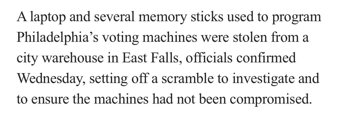 Someone stole memory sticks used to program Philly voting machines and now the whole election may be compromised. https://t.co/DiQgZPzjNs