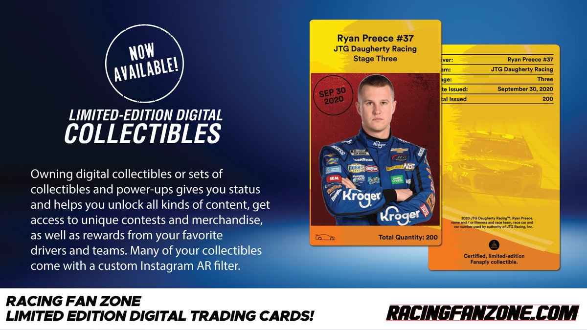 RyanPreece_'s tweet image. New for fans: the @RacingFanZone has limited edition, serial numbered digital trading cards. Sign up by visiting RacingFanZone.com and you'll receive some swag from me for collecting all five cards! #NASCAR