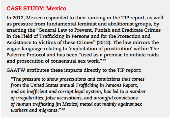 But the Report *does* have an impact on countries who are looking to increase criminalization/prosecution to bump numbers and curry favor w the US – often in a way which harms  #sexworkers abroad, from  @GlobalSexWork:  https://www.nswp.org/sites/nswp.org/files/impact_of_anti-trafficking_laws_pb_nswp_-_2018.pdf (7/16)