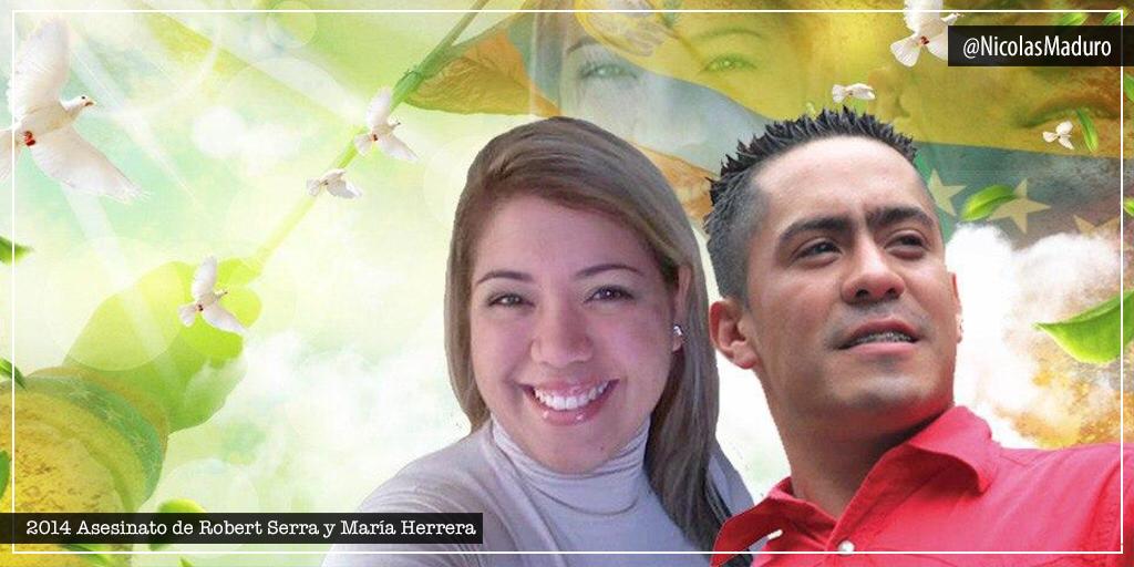 NicolasMaduro's tweet photo. A 6 años de su siembra recordamos a los mártires de la juventud revolucionaria, Robert Serra y su compañera María Herrera. Sus luchas son ejemplo e inspiración para la muchachada que está de pie, resistiendo y construyendo, desde las bases, la Patria del futuro. ¡Honor y Gloria! https://t.co/9zUXt9Z6Bb