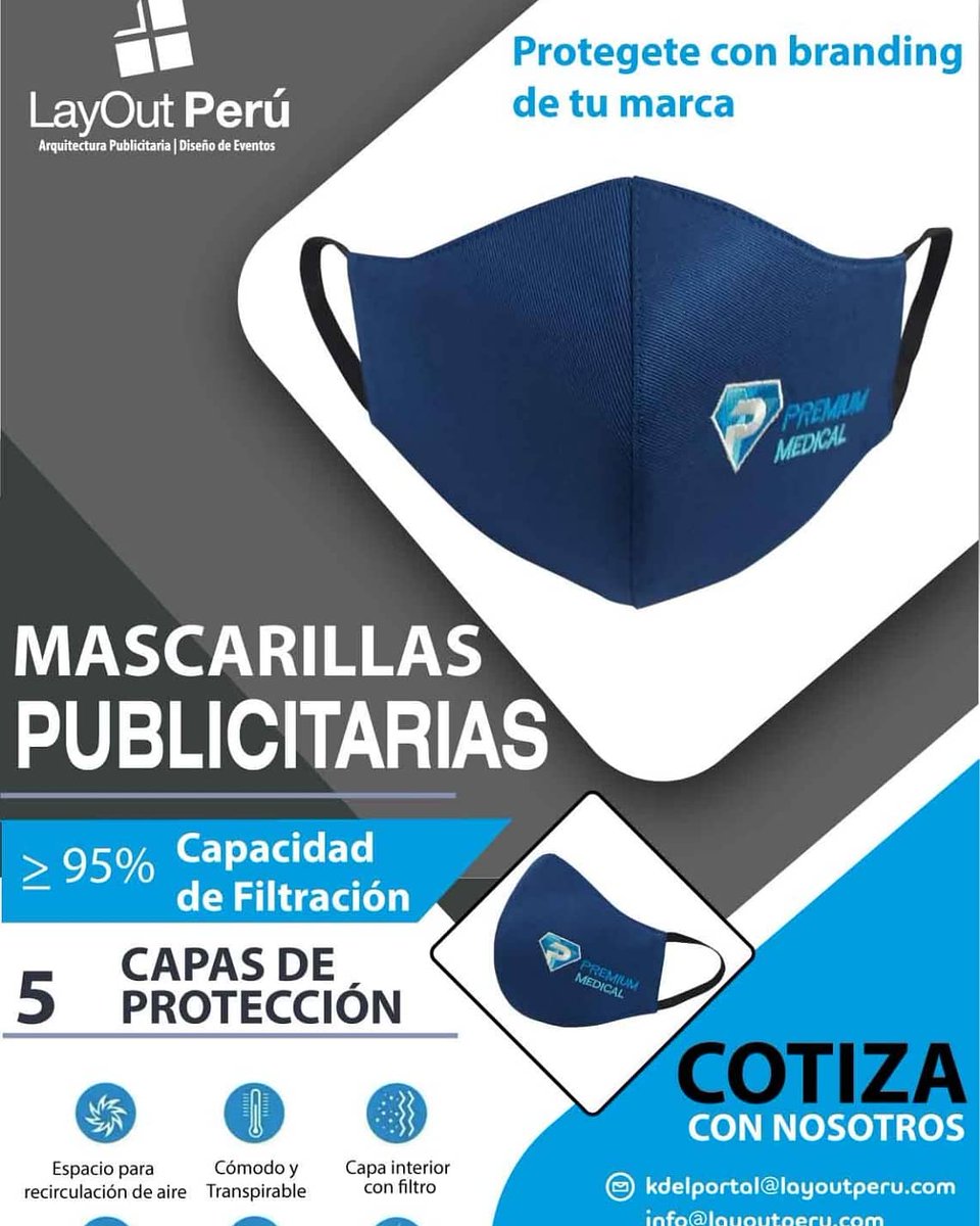 LayoutPeru's tweet image. Productos Anti-Covid 19 protegete y a tus clientes con el Plus 👌🏻 de tener presencia de marca de tu empresa . Mascarillas Lavables con todas las disposiciones de salud del Minsa.
#mascarillaspersonalizadas 
📲 9427-81247
 Kdelportal@layoutperu.com
 layoutperu.com