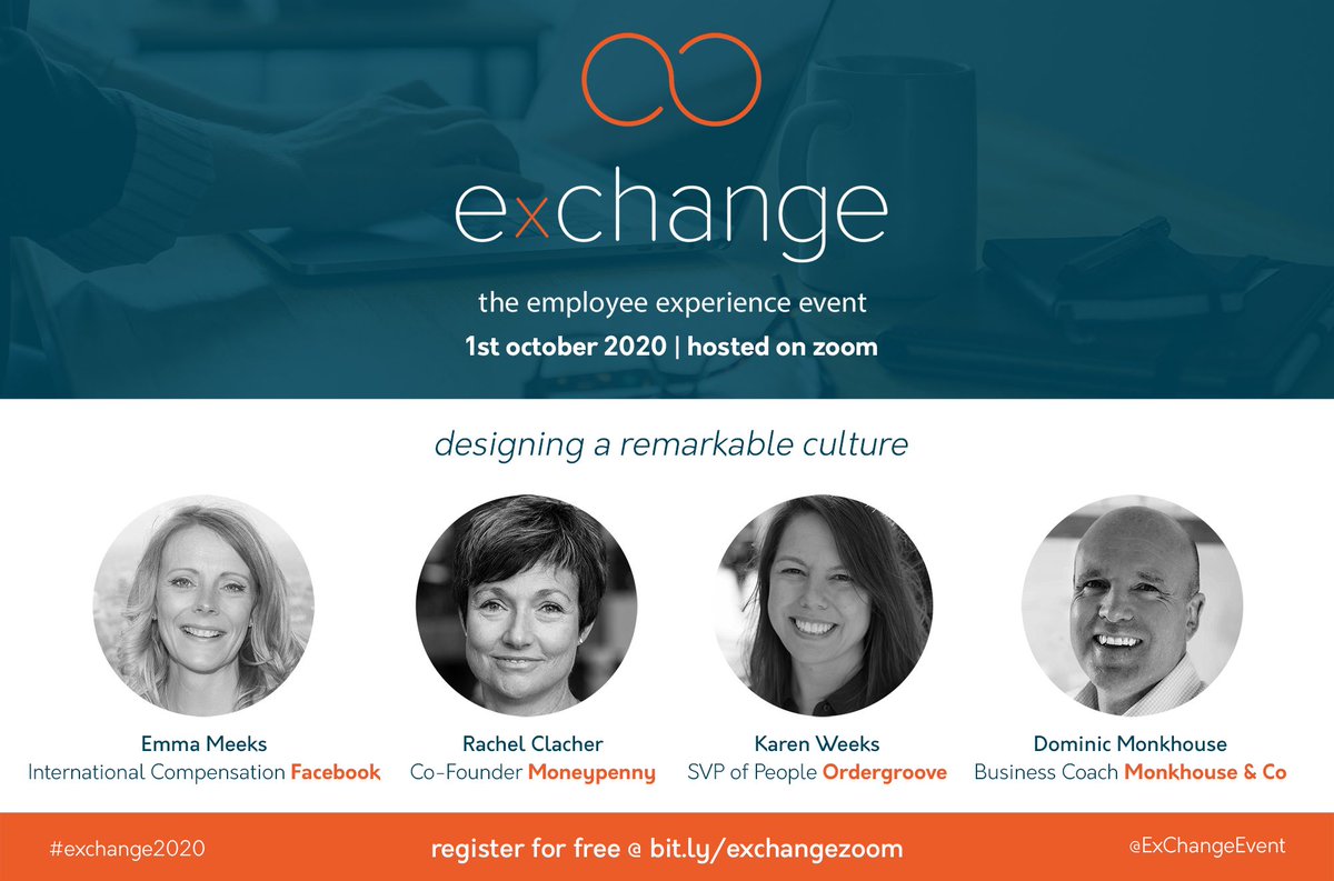 Our last session of the day will begin shortly! We can’t wait to hear from <a href="/RachelClacher/">Rachel Clacher</a>, Emma Meeks of <a href="/Facebook/">Facebook</a>, <a href="/dommonkhouse/">dommonkhouse</a> and @Weeks_24_7 as they talk about designing a remarkable culture. Don’t miss out on this inspiring panel! #exchange2020
bit.ly/35O4l32