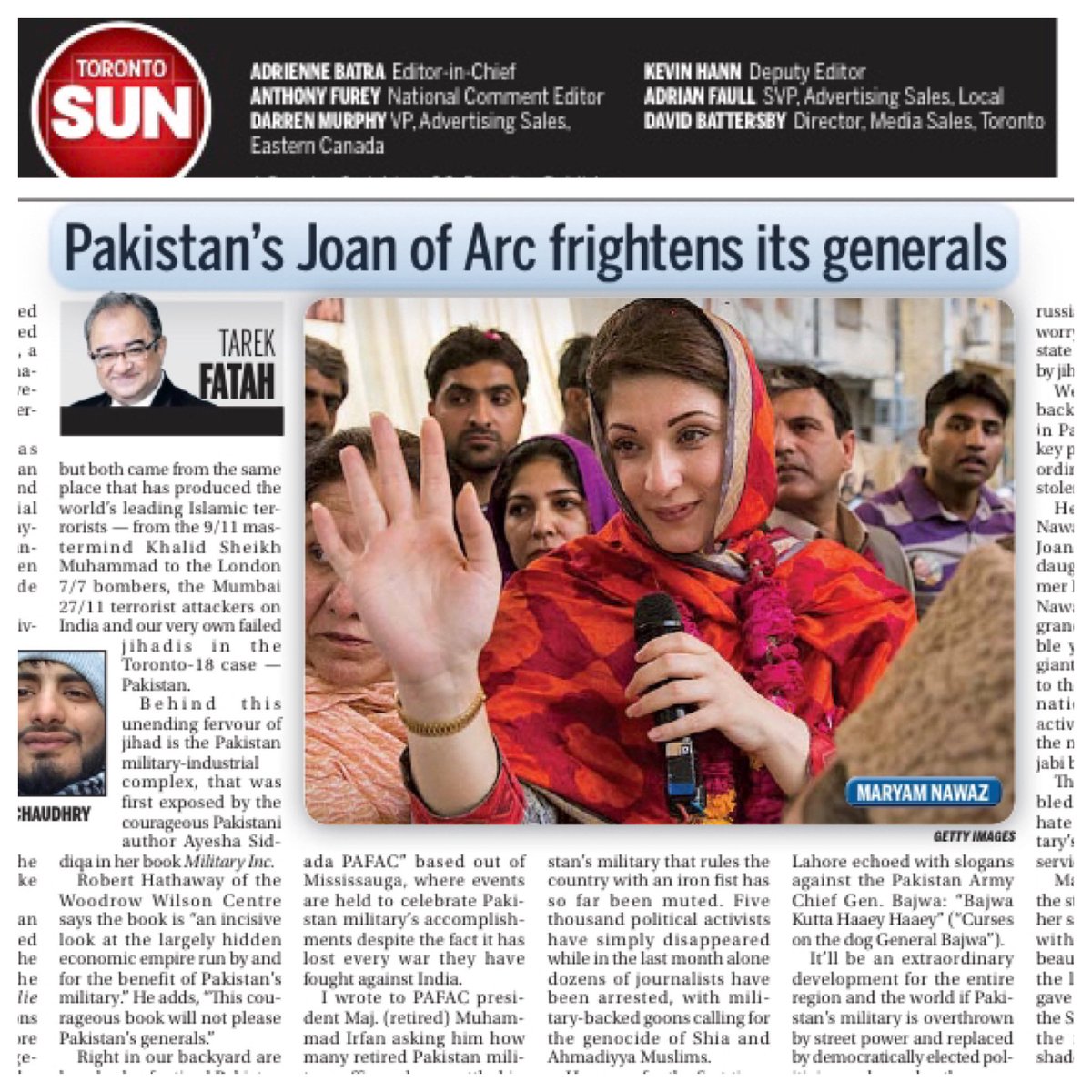 TarekFatah's tweet photo. Pakistan's Joan of Arc frightens #PakistanArmy’s corrupt Generals. 

Column on #Pakistan and @MaryamNSharif in @TheTorontoSun this morning.
https://t.co/UfdWes466p https://t.co/H8ClWPHOZg