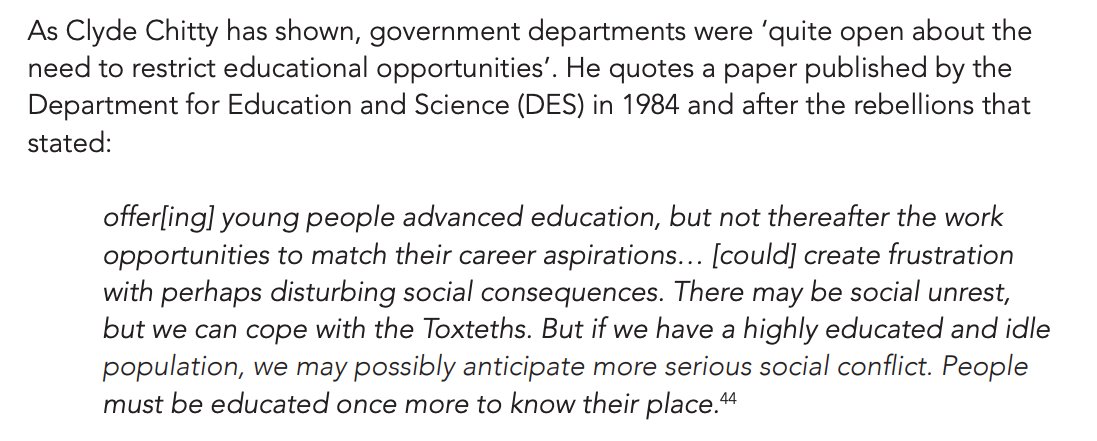‘People must be educated once more to know their place’In the 1980s, politicians moved to erase the gains in education, particularly around the curriculum, made by black self-help groups, civil rights projects, anti-racist teachers and others.