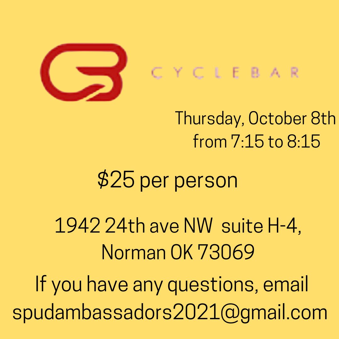 spudweek's tweet image. MARK YOUR CALENDARS!!

We have an event coming up Thursday October 8th at CYCLEBAR from 7:15 to 8:15!!
It’s $25 per person!
Link is below

members.cyclebar.com/book/cyclebar-…

Make sure you sign up!!