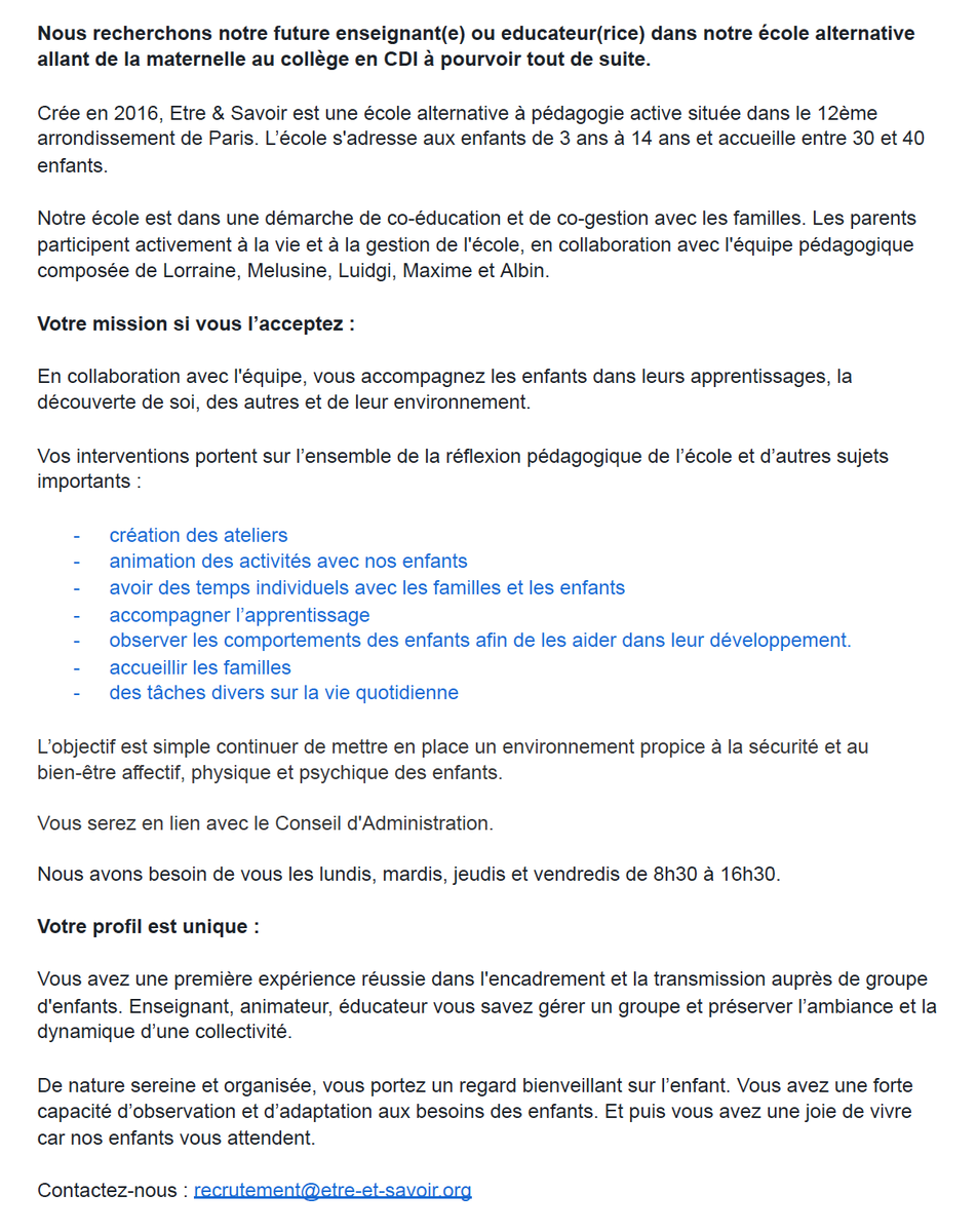 [#RECRUTEMENT] L'École Être &amp; Savoir recherche un.e éducatrice.eur / enseignant.e avec expérience auprès des enfants pour un CDI. Candidatures à envoyer rapidement à l’adresse 😃 recrutement@etre-et-savoir.org Merci #job #emploi #ecole #education