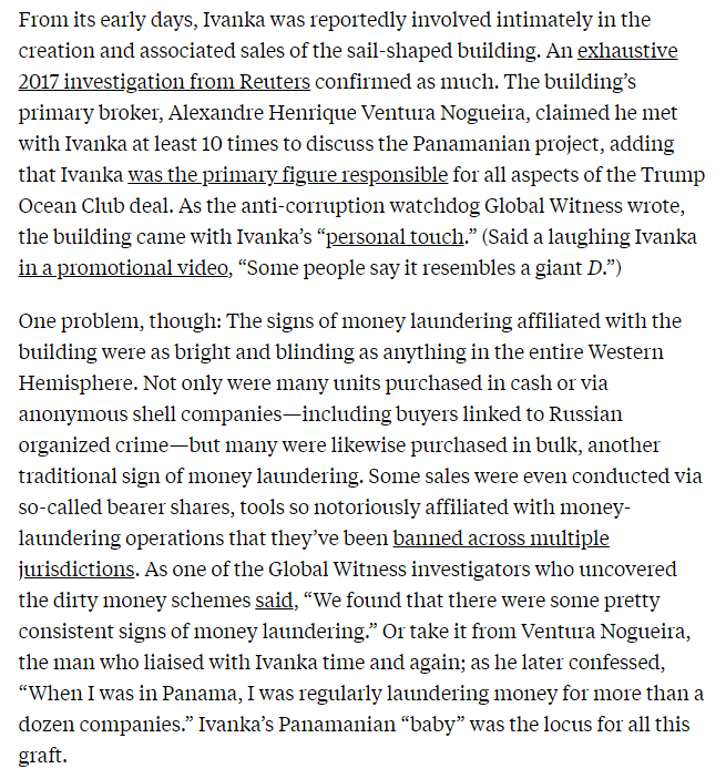 Second, there's the Trump hotel project in Panama, which Trump called Ivanka's "baby." The signs of trans-national money laundering around Ivanka's "baby" were as obvious as anything associated with any building in the entire Western Hemisphere.