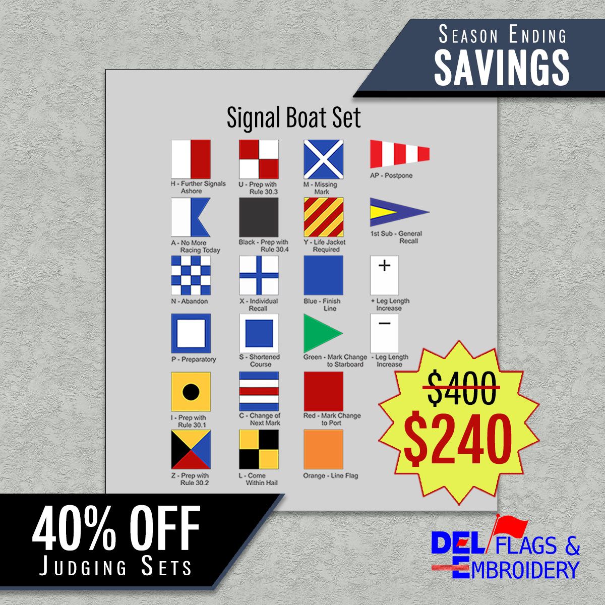 delflags's tweet image. Sailing season might be ending but the deals are just beginning!  40% Off Judging Sets on our website buff.ly/2S7zSVC