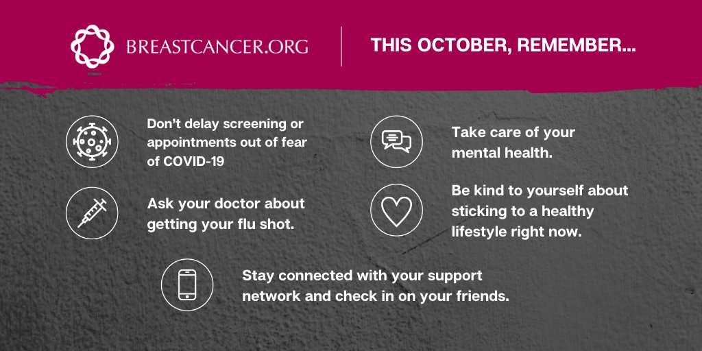 Breastcancerorg's tweet photo. This Breast Cancer Awareness Month, we hope you'll join us in sharing these 5 reminders for everyone's health and safety this year. #breastcancer #breastcancerawareness #breastcancerawarenessmonth #covid19 https://t.co/0pHmtBX8hI