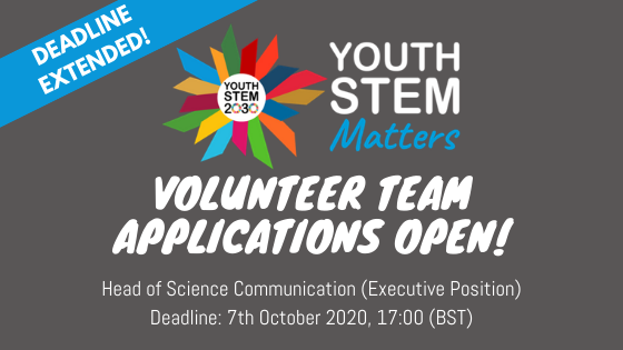 YouthSTEM2030's tweet photo. 🚨 Deadline extended until 7th October for #YouthSTEMMatters Head of Science Communication!!

It's the perfect role if you're age 14-22 &amp; want to...
✅ Raise #youth voice in #STEM
✅ Make #science more accessible
✅ Make a difference to the 🌏

Apply now➡️ https://t.co/CX10uOt0LQ https://t.co/eInqPP7LTO