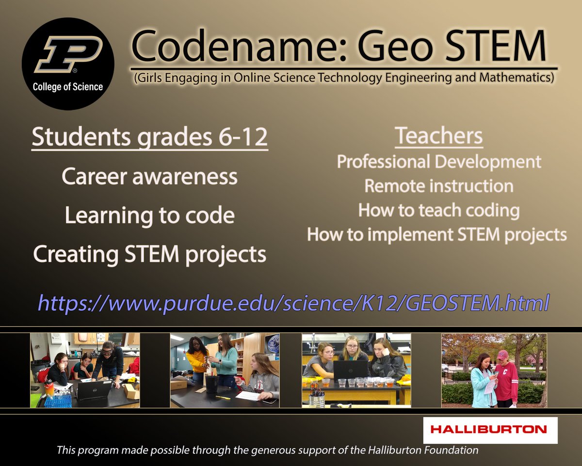 PurdueSOS's tweet image. Registration for Codename: Geo STEM is open. Teachers register now for this FREE Professional Learning Experience!
@Halliburton #STEM #girlsinSTEM #WomeninSTEM #STEMeducation #INeLearn @EducateIN @womenwhocode #womeninscience #PurdueUniversity #BoilerUp 
purdue.edu/science/K12/GE…
