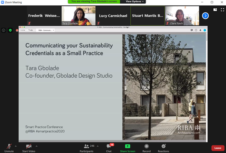 RIBA's tweet photo. ‘Communicate your outcomes, share your knowledge & translate that knowledge into the type of projects you pitch for’. @taragbolade, Director @GDS_Architects, shares insights on how to promote sustainability credentials at today’s #SmartPractice conference https://t.co/dArJuqYGrh https://t.co/kHcmOzuowK