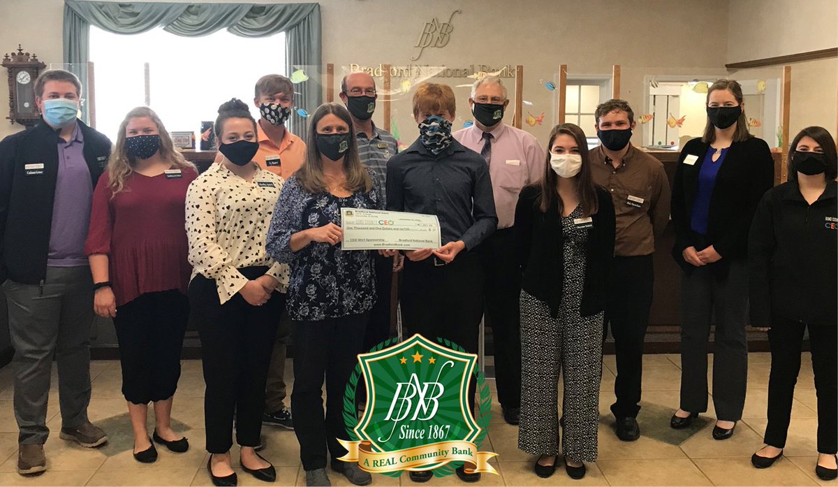 BNB1867's tweet photo. Bradford National Bank continues to support the Bond County CEO class.   This year, the bank once again sponsored the CEO shirts for the class.  BNB employee Jamie Heath presented the check to her CEO son, Ryan, and several classmates. https://t.co/VtU2LfTcDI