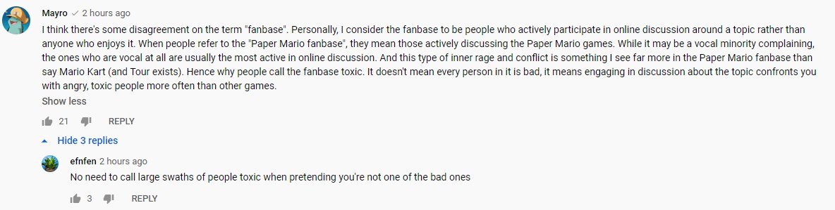 I think this reply to my comment on Arlo's video summarises why people see the Paper Mario community as more "toxic" than other game communities.They clearly didn't even read what I said.