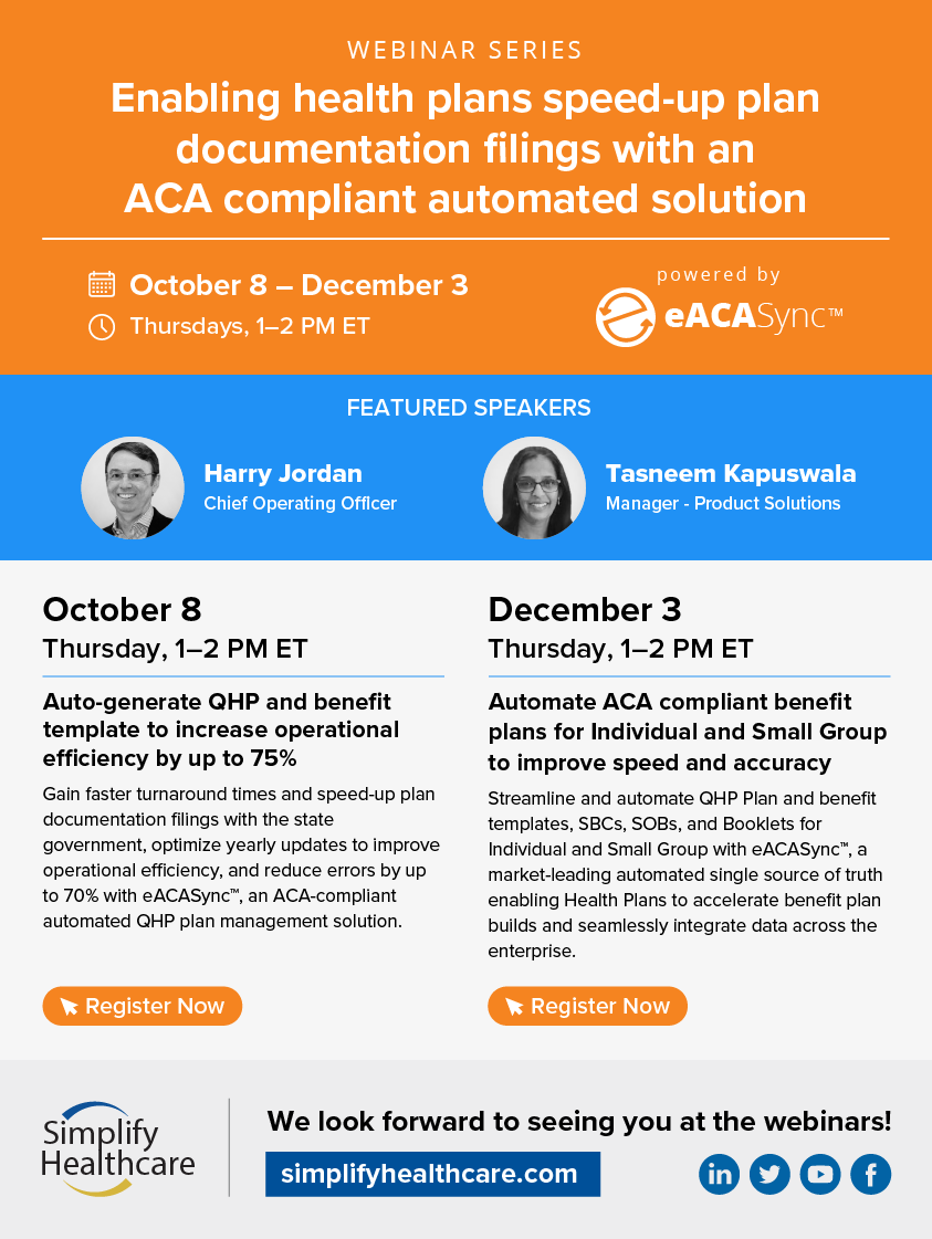 SimplifyHCare's tweet photo. Automate Individual and Small groups #ACAcompliant benefit product configuration with #eACASync™, an automated #QHP benefit plan management solution. Register for our #Webinar to learn more: https://t.co/kf0SDf4sVd
#SimplifyHealthcare #Healthplan #ACACompliance #BenefitPlan #ACA https://t.co/RIgKKGud5D