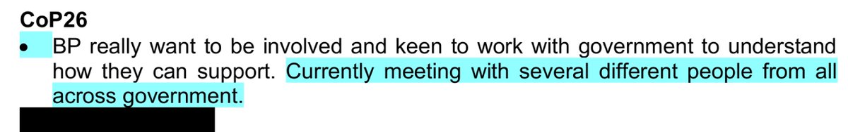 During a 2-week period in March,  @BP_plc discussed its involvement in  #COP26 at four separate meetings across government, including over lunch with Minister for Business Kwasi Kwarteng, where notes recorded... 3/5