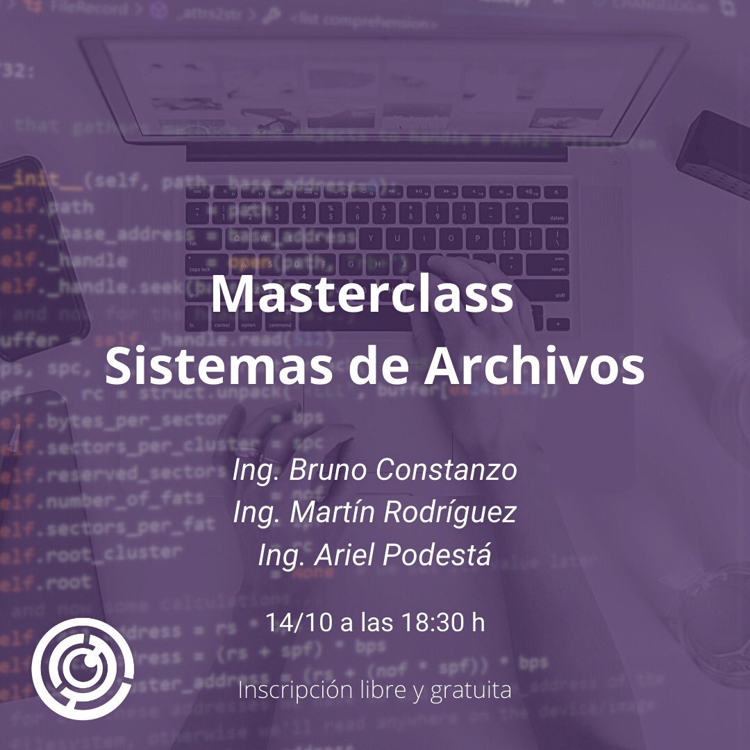 Este Miércoles 14/10 a las 18.30 h te esperamos en una Masterclass de Sistema de Archivos con el Ing. <a href="/bruno_constanzo/">🐚 Bruno Constanzo (@bconstanzo@infosec.exchange)</a>, el Ing. Martín Rodríguez y el Ing. <a href="/arielpodesta/">Ariel Podestá</a>. 𝗚𝗿𝗮𝘁𝘂𝗶𝘁𝗮

Formulario de inscripción: forms.gle/QSZ3KkNJwpJY2A…