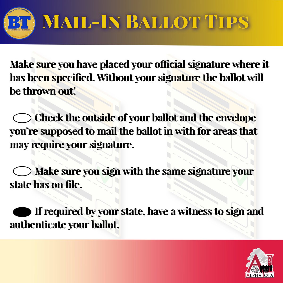 BetaTauPoodles's tweet photo. RHOck the Vote 💙💛❤️ Every Vote Kounts! Get informed about mail-in ballots with the ladies of the Beta Tau Chapter of Sigma Gamma Rho Sorority, Inc. &amp; the men of the Alpha Iota Chapter of Kappa Alpha Psi Fraternity, Inc.! #RHOckTheVoteThursday #BetaTau1954 https://t.co/sk2wFhdbvb