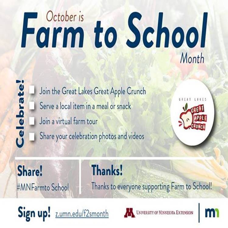 October is National Farm to School &amp; Early Care month?! 
Let’s celebrate the many ways school nutrition professionals &amp; local farmers benefit our communities as they nourish our kids and support strong local economies. 
Learn more: z.umn.edu/f2smonth
#MNFarmtoSchool