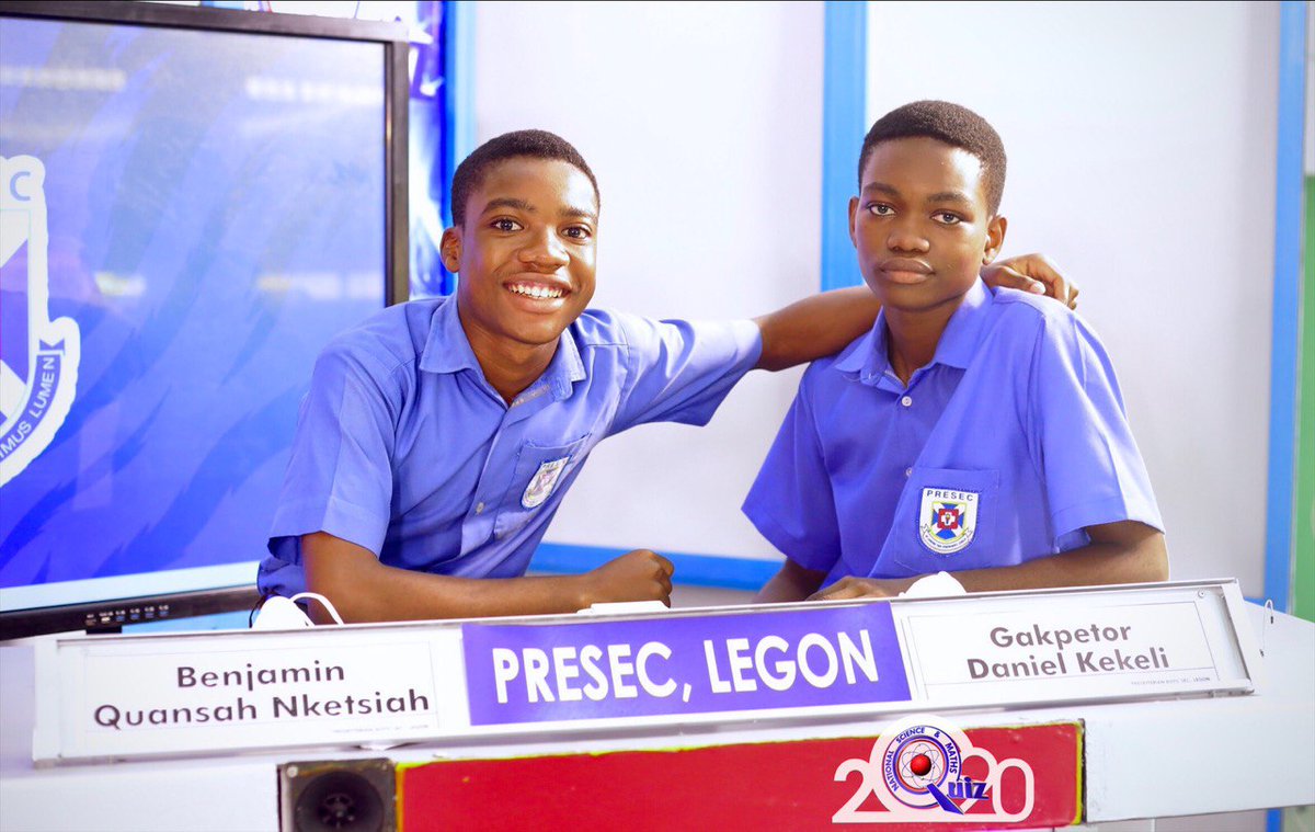 NNB: End of contest:

Presbyterian Boys' SHS, Legon: 59pts
Aggrey Memorial SHS: 32pts
Sunyani SHS: 27pts

Bluuuuuuuuueeeeee! #NSMQ2020 #NSMQOneEighth #Primetime