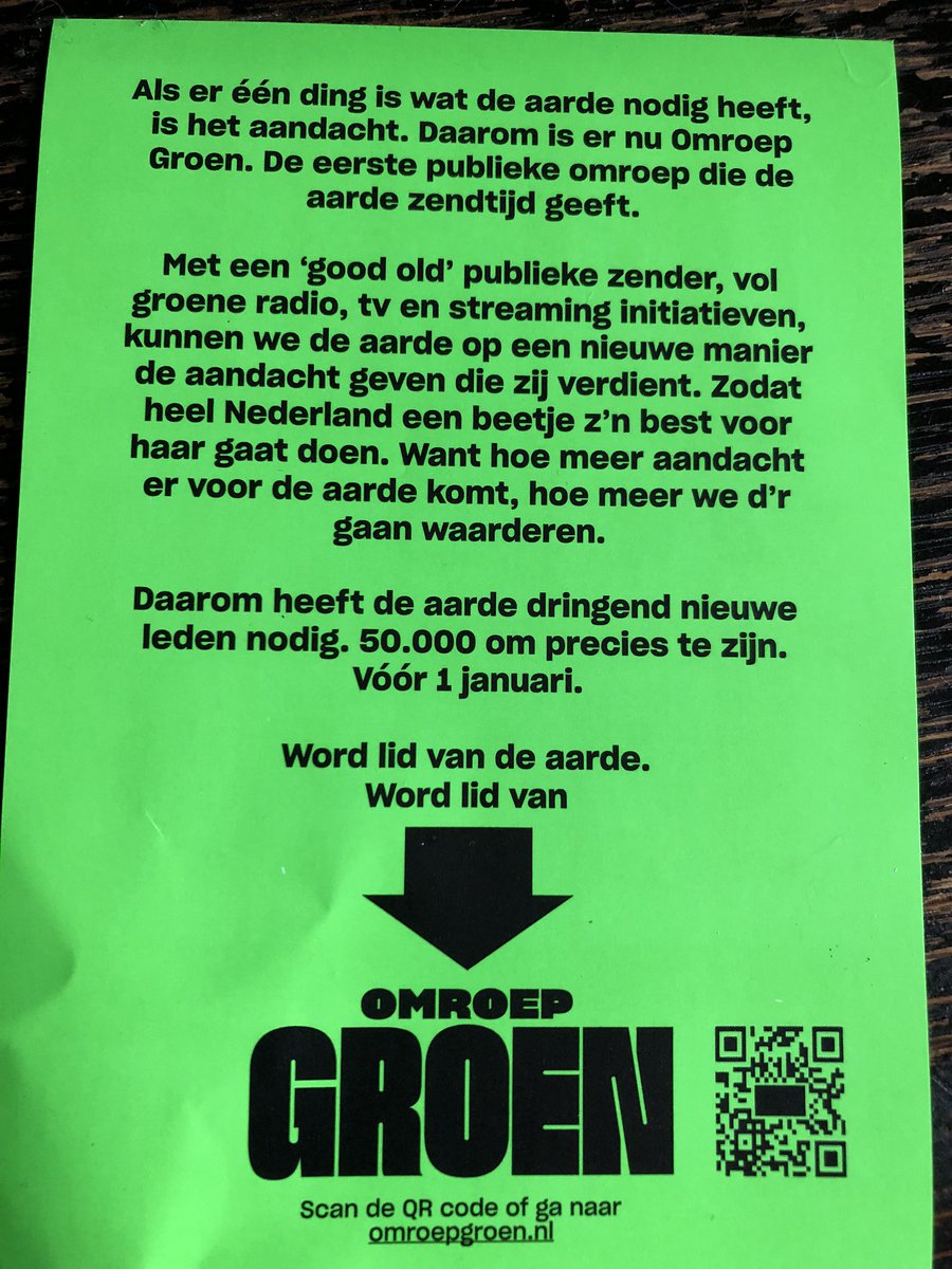 Omroep Groen heeft 50.000 leden nodig voor 1 januari. Voor eenmalig 7,50 help je mee deze Omroep zendtijd te geven! Word ook lid!