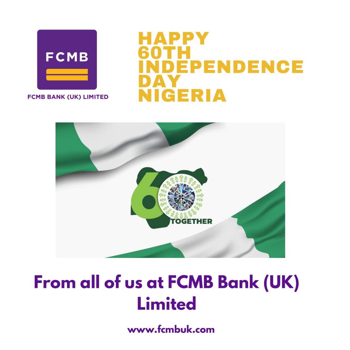 FCMBbankUK's tweet photo. We join the great nation #Nigeria in celebrating 60 years of its Independence.
#nigeriaat60 https://t.co/bNwgDQ4IKc