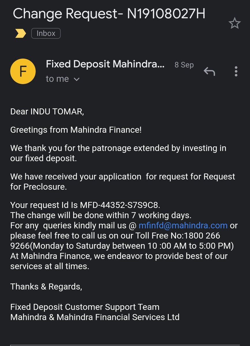 rajtomar219's tweet photo. FD Preclosure requested registered on 8Sep. @MahindraFin promised to close it in 7 days. Today 24 days completed. No action, and no further response cust care agents clueless.@anandmahindra https://t.co/EHGtdZGREb
