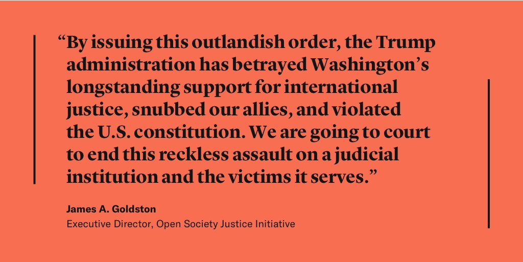 We have filed a lawsuit against the U.S. government over a Trump administration executive order authorizing draconian economic sanctions and severe civil and criminal penalties for those who support the International Criminal Court <a href="/intlcrimcourt/">Int'l Criminal Court</a>. osf.to/3ihQ8Od