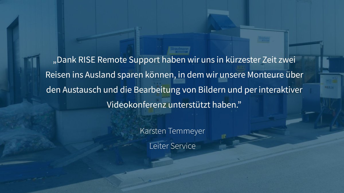 Die aktuell international herrschenden Reisebeschränkungen machen die Fernunterstützung von Servicemitarbeiter zu einer Notwendigkeit. Lesen Sie, wie es die Strautmann Umwelttechnik schafft, Ihre Anlagen, trotz minimalem Reiseaufwand instandzuhalen.

rise-rs.de/erfolgsstory-s…
