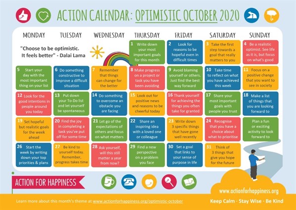 DesignPlusHB's tweet photo. This year is flying by, we can't believe it's October already. Here's the October #actionforhappiness Calendar. #OptimisticOctober 
'Choose to be optimistic. It feels better' https://t.co/sxcHdNhDoC