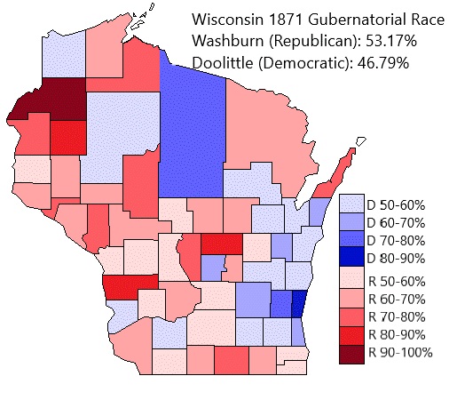 Today I'm excited to post my first maps. I'm going to be looking at the only Republican gubernatorial defeat in Wisconsin between 1857 and 1888: the 1873 elections!Here's the 1871 map for reference. Washburn will be the incumbent going into 18731/16