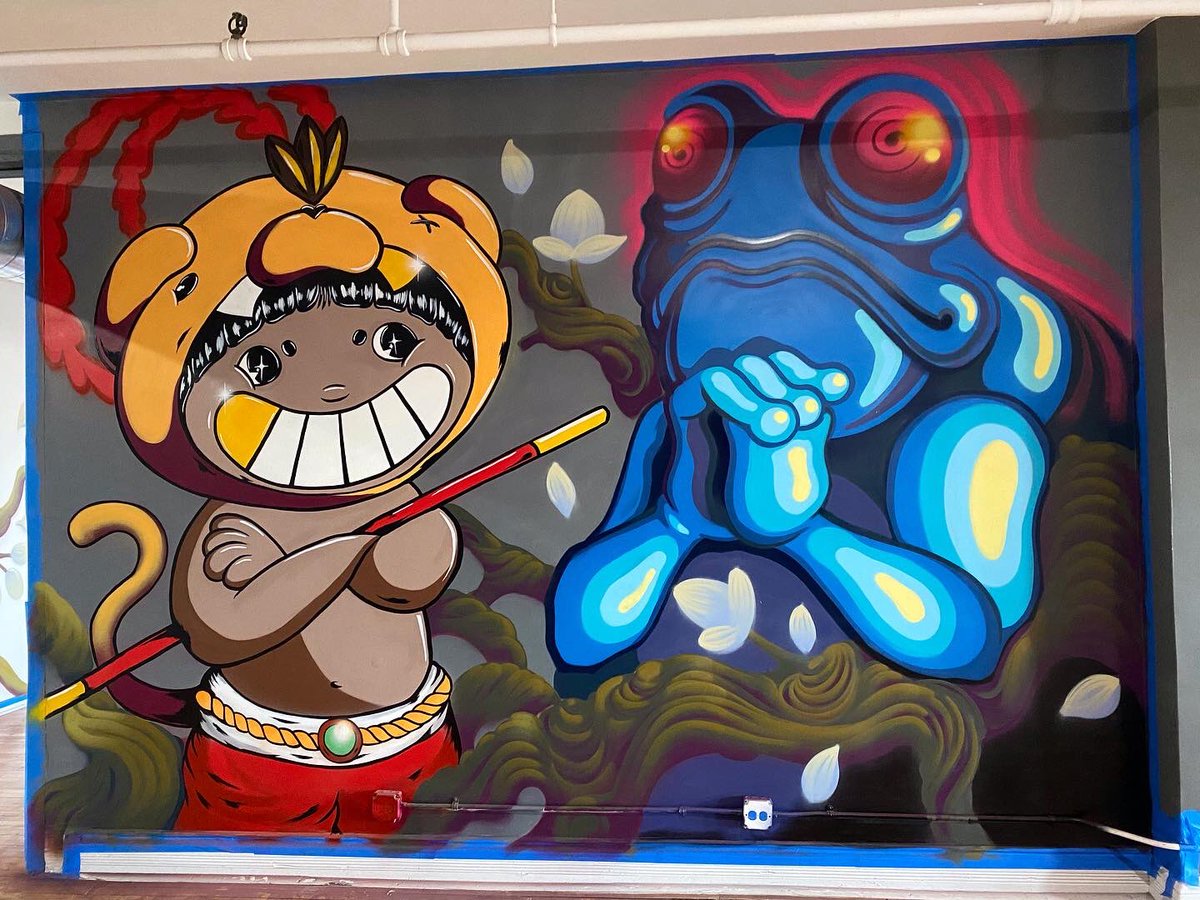 RED773_'s tweet photo. Cranked out this mural with the homies @oinkz_ &amp; @killabunzz ! 🌸🐒🐸🌸

Much love and gratitude to @jays_tattoos &amp; @x.emmeline for having us paint in their new studio 🙏🏽. Stay tuned for their grand opening! 👀 https://t.co/pkQWu8xKo7
