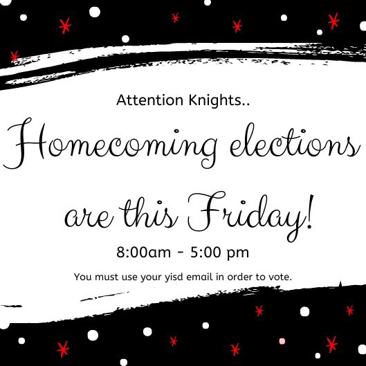 HanksStuCo's tweet photo. Knights, vote for Homecoming Court on Friday, October 2nd from 8:00 am - 5:00 pm. Link will be posted on Twitter and Instagram. You must be signed onto your school email to vote. 🖤
#EnchantedKnight
#KingdomofChampions https://t.co/4HBJ7eU3iy