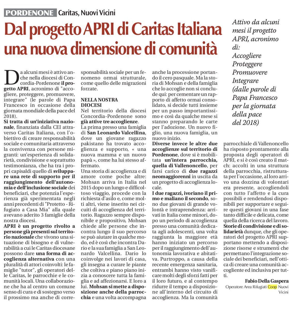 ✨Progetto APRI della nostra associata Nuovi Vicini Società Cooperativa Sociale - Impresa Sociale: presentazione su Il Popolo del 27 settembre. 
<a href="/Confcooperativ1/">Confcooperative</a> <a href="/ItaCooperativa/">Italia Cooperativa</a> 
<a href="/marcobagnariol/">Marco Bagnariol</a>