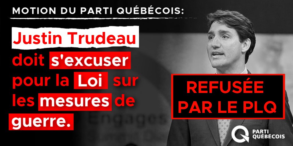 partiquebecois's tweet image. Le @LiberalQuebec a refusé de débattre de notre motion portant sur la crise d’Octobre.
Ils refusent donc que l’on demande au gouvernement fédéral des excuses officielles pour la Loi sur les mesures de guerre. C’est honteux. #PQ #Polqc #Assnat