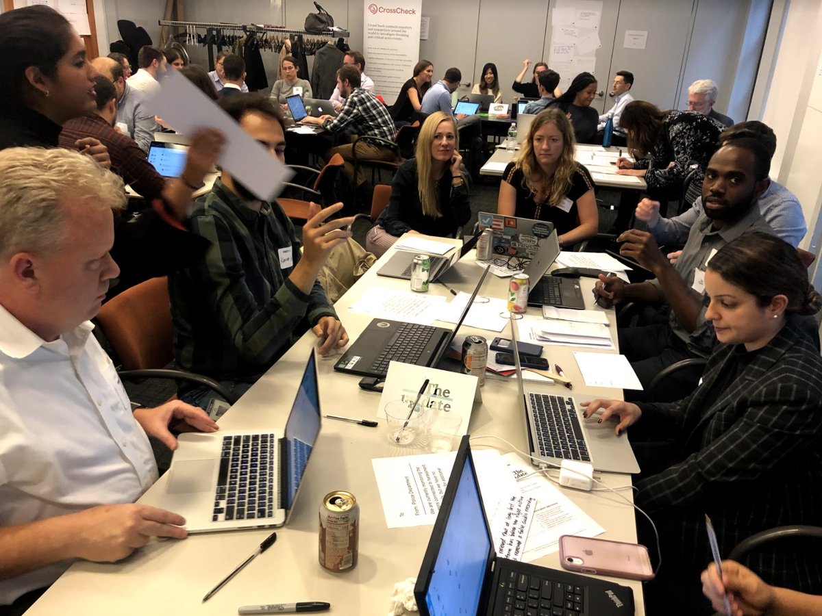 We put people in groups of imaginary organizations (either newsrooms, platforms or community) because collaboration and teamwork are key. While everyone starts the simulation sitting and smiling, this quickly escalates to standing and swearing as intensity and frustration build.