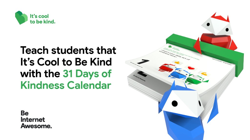 GoogleForEdu's tweet photo. For #NationalBullyingPreventionMonth, we're sharing a 31 Days of Kindness calendar 📅! This resource helps you teach &amp; inspire kindness all month with daily digital #BeInternetAwesome activities, kindness acts, &amp; #ItsCoolToBeKind printables. Get started: https://t.co/K2JsqWKFtD https://t.co/Uo8VMRXTMD