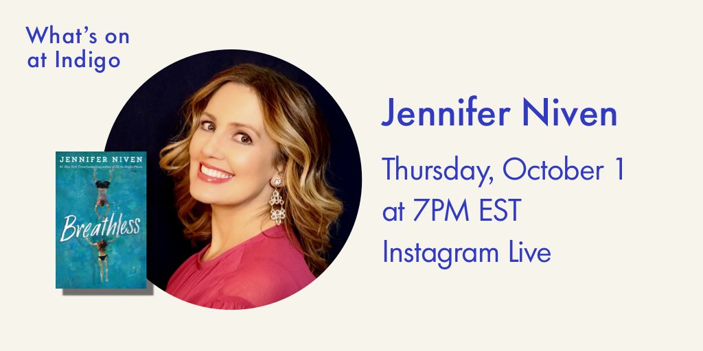 Join number one New York Times bestselling author <a href="/jenniferniven/">Jennifer Niven 🌻</a> on Instagram Live tonight at 7 p.m. EST as she talks about her unforgettable new novel, Breathless, about a sensitive girl ready to live her bravest life. Tune in here: instagram.com/indigo/